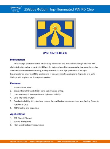 XSJ-10-D6-20/25Gbps Φ20μm Top-illuminated PIN PD Chip/PHOGRAIN