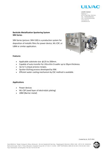 Backside Metallization Sputtering System SRH Series