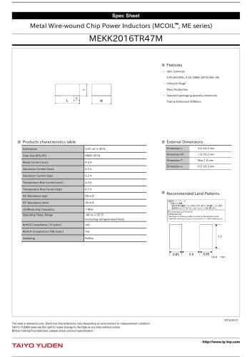 Metal Wire-wound Chip Power Inductors (MCOIL™, ME series) MEKK2016TR47M