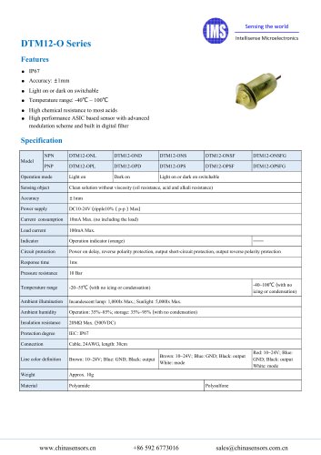 Plastic liquid level sensor LLSDTM12-O series