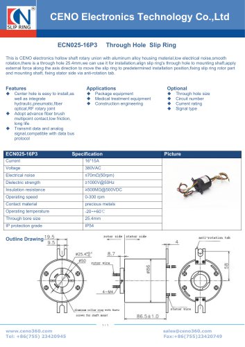 CENO Through bore slip ring with 16 lines ECN025-16P3