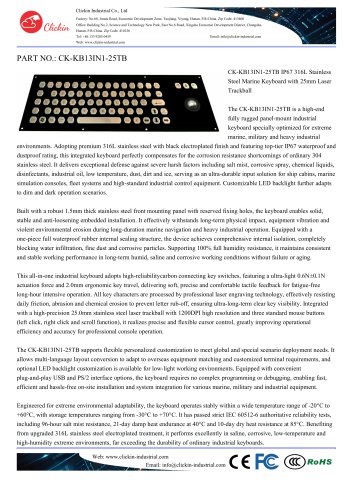 Waterproof Stainless steel panel mount keyboard with integrated 25.0mm trackball