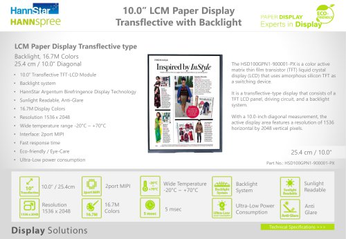 10.0'' LCM Paper Display, Transflective with Backlight (P1022) - Datasheet (EN)