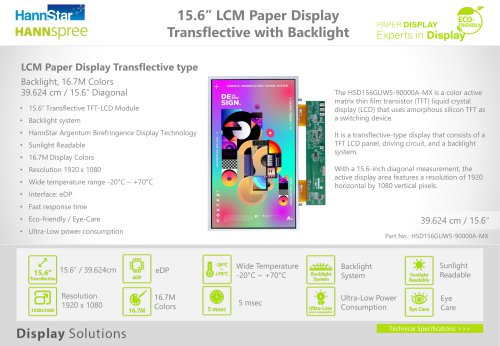 15.6'' LCM Paper Display, Transflective with Backlight (G1501) - Datasheet (EN)