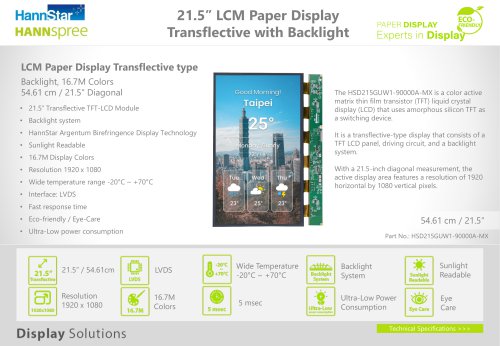 21.5'' LCM Paper Display, Transflective with Backlight (G2100) - Datasheet (EN)