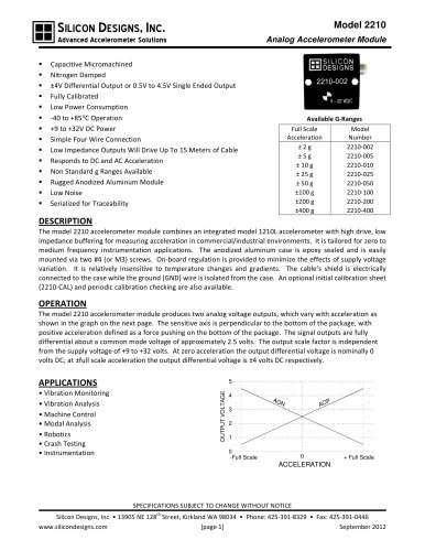 Silicon Designs Model 2210 Analog Accel ±4V Differential Output or 0.5V to 4.5V Single Ended Output