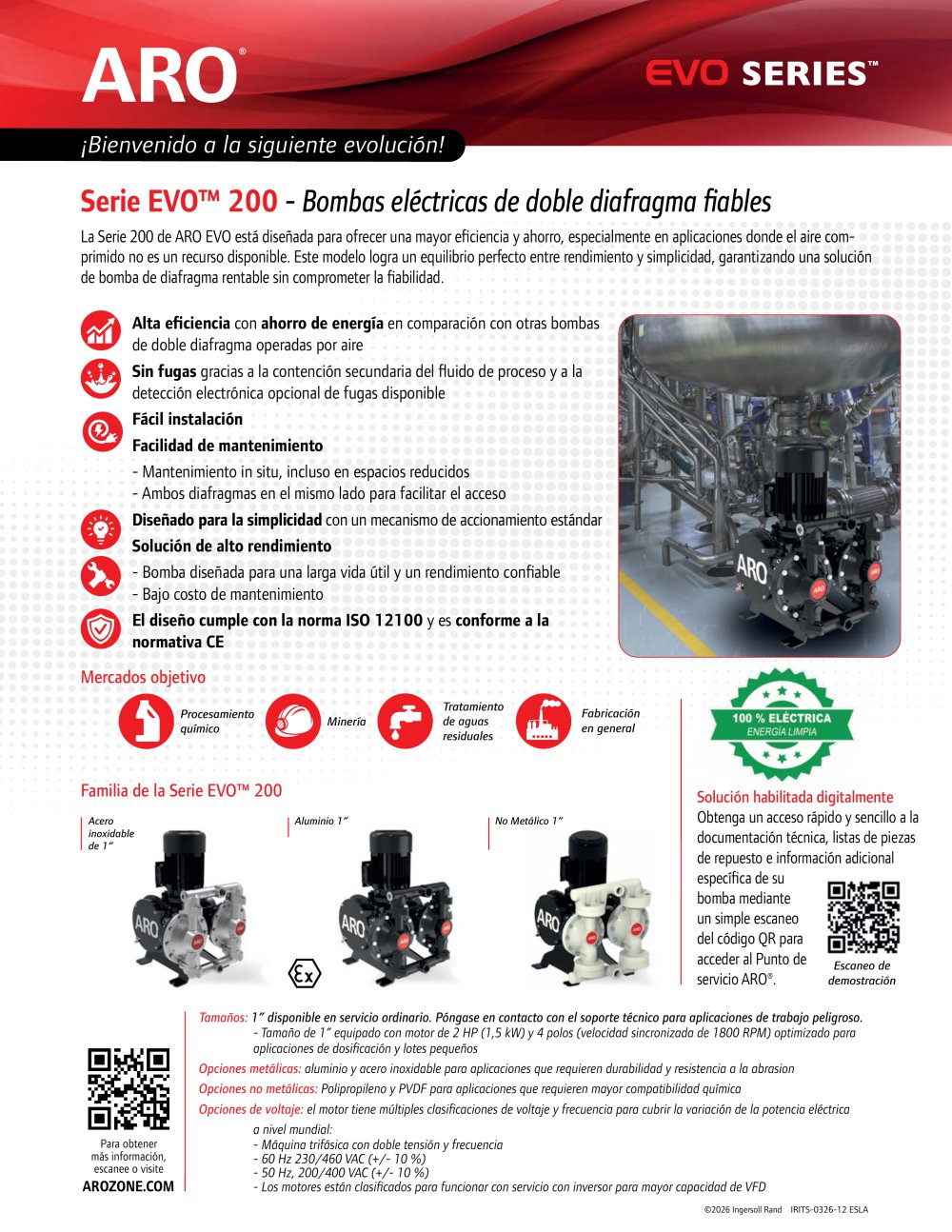Serie EVO&trade; 200 - Bombas el&eacute;ctricas de doble diafragma fiables - ARO, Ingersoll Rand