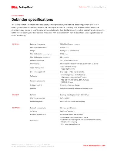 STUDIO SYSTEM+ Debinder specifications