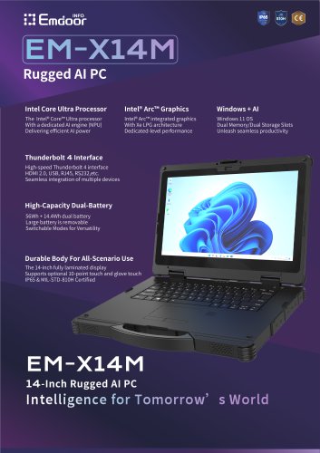 EM-X14M 14-inch Rugged AI Tablet | Intel Core Ultra Processor | 4G LTE | IP65 Waterproof & MIL-STD-810H Certified | Dual Battery Design | Thunderbolt 4 Supported