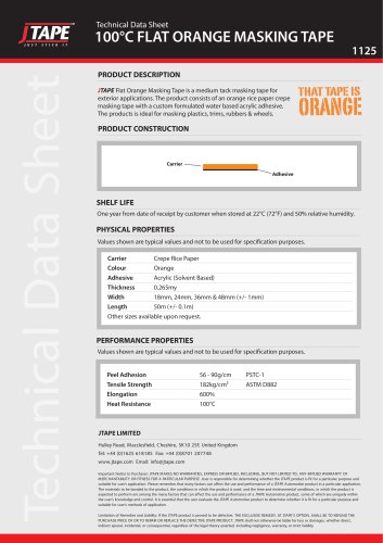 Technical Data Sheet 100°C FLAT ORANGE MASKING TAPE