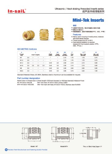 In-saiL heat-staking threaded insert MT series