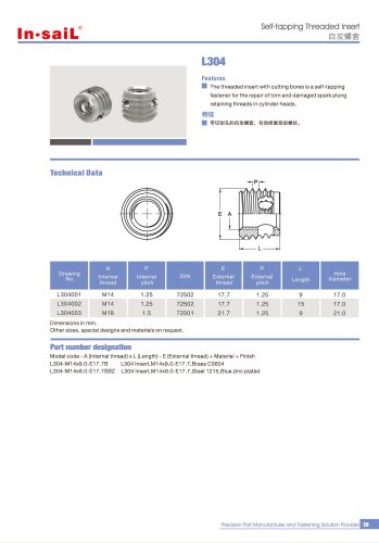 L304 The threaded insert with cutting bores is a self-tappingfastener for the repair of torn and damaged apsrk plugretaining threads in cylinder heads.