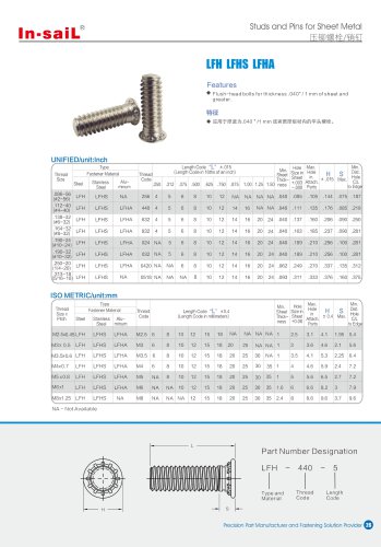 LFH series Flush-head studs are available in aluminum, steel, orstainless steel . They are also available unthreadedon special order.