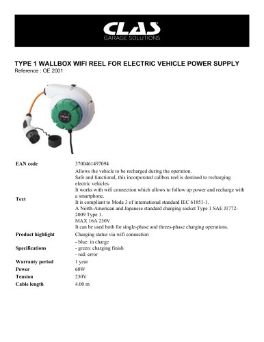 TYPE 1 WALLBOX WIFI REEL FOR ELECTRIC VEHICLE POWER SUPPLY