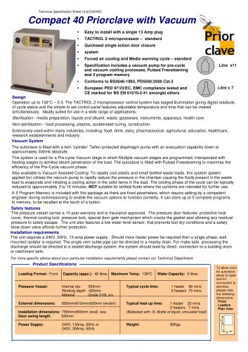 Compact 40 - 40L Vacuum Benchtop Priorclave Datasheet 