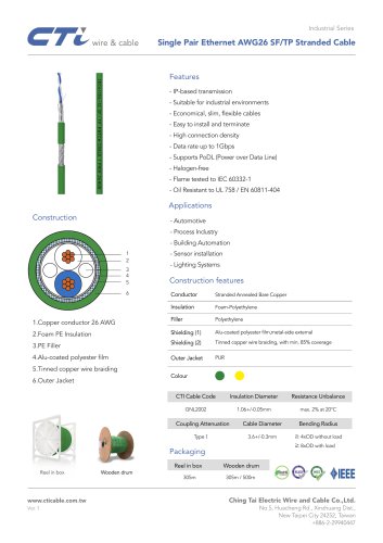 Single Pair Ethernet AWG26 SF/TP Stranded Cable