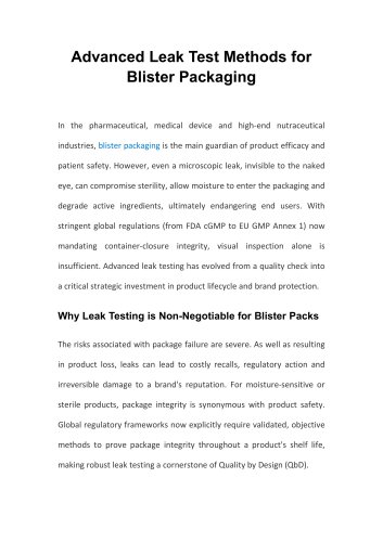 Saicheng Advanced Leak Test Methods for Blister Packaging