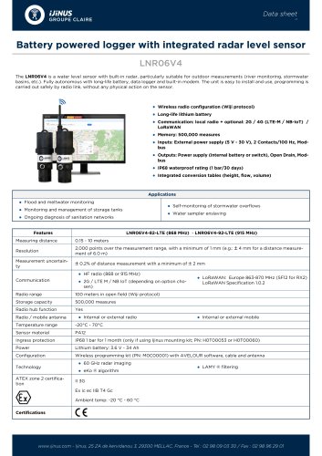 Data sheet LNR06V4 - Battery powered logger with integrated radar level sensor