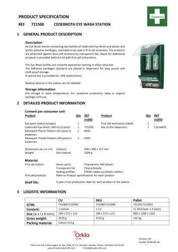 PRODUCT SPECIFICATION REF 721500 CEDERROTH EYE WASH STATION