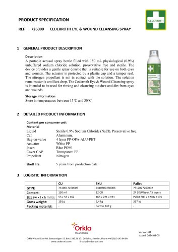 PRODUCT SPECIFICATION REF 726000 CEDERROTH EYE & WOUND CLEANSING SPRAY