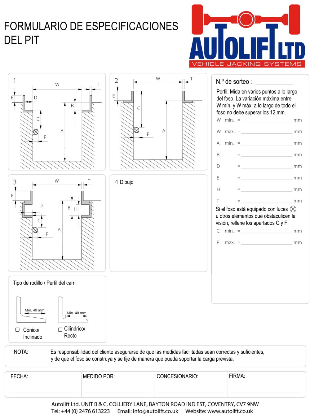 Autolift Pit survey form Spanish - Autolift Ltd