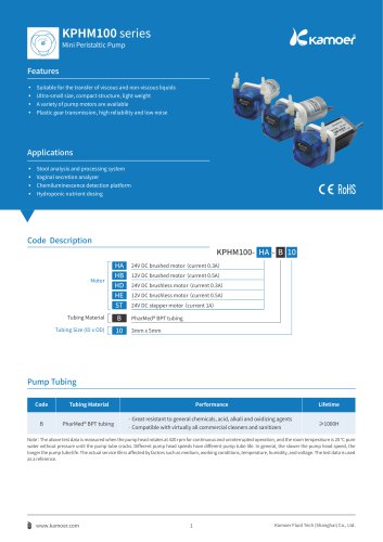 Kamoer KPHM100 Peristaltic Pump Data Sheet