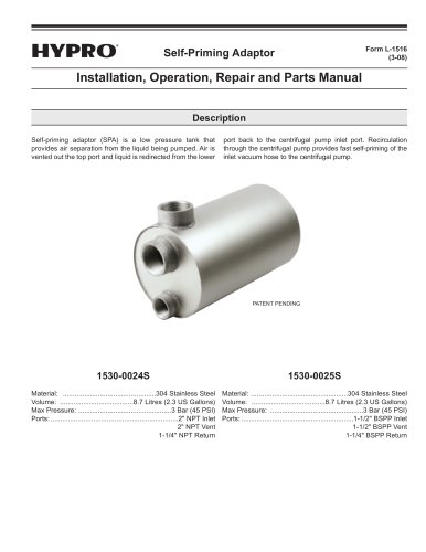  Self-Priming Adaptor Operation, Installation & Parts Manual