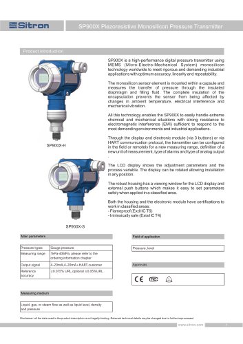 SP900X Piezoresistive Monosilicon Pressure Transmitter