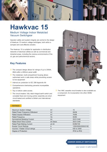 Hawkvac 15 Medium Voltage Indoor Metalclad Vacuum Switchgear