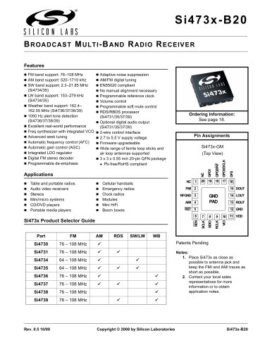 Si473x-B20 BROADCAST MULTI-BAND RADIO RECEIVER