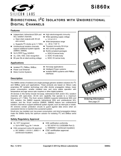 Si8600/Si8602/Si8605/Si8606 Bidirectional I2C Isolators with Unidirectional Digital Channels