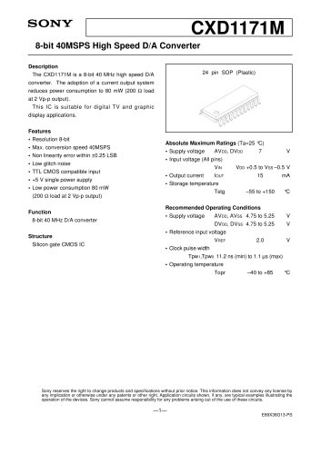 Mixed Signal Systems D/A Converter Lineup CXD1171M