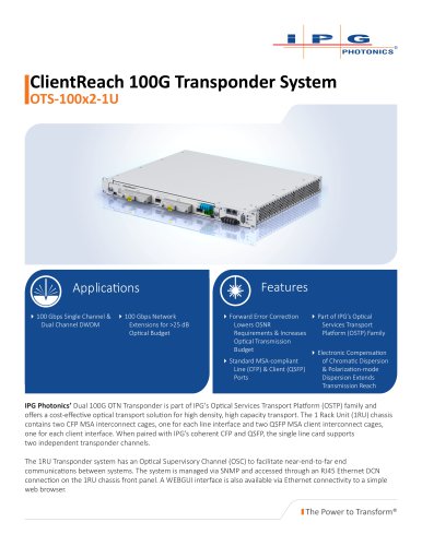 ClientReach 100G Transponder System OTS-100x2-1U