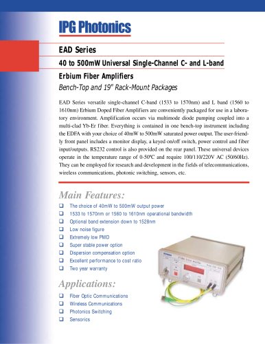 EAD Series: 40 to 500mW Single C- and L-Band Erbium Fiber Amplifiers