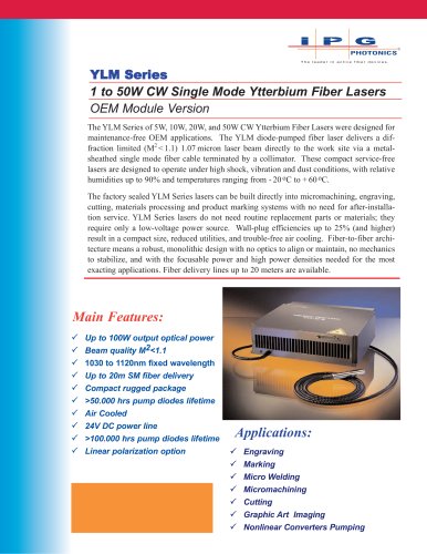 YLM Series: 1 to 100W Single Mode CW Ytterbium Fiber Lasers