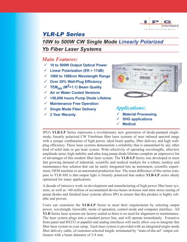 YLR- LP Series: 10 to 500W Single Mode Linearly Polarized Ytterbium Fiber Laser