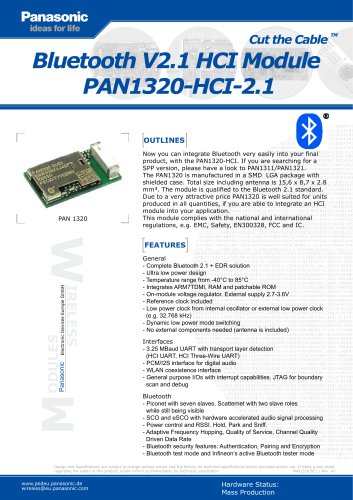 Bluetooth V2.1 HCI Module  PAN1320-HCI-2.1