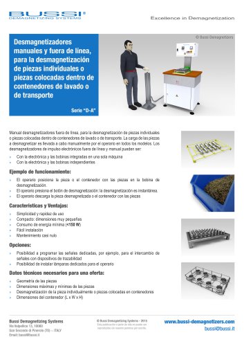 Desmagnetizadores manuales y fuera de línea, para la desmagnetización de piezas individuales o piezas colocadas dentro de contenedores de lavado o de transporte, serie “D-A”