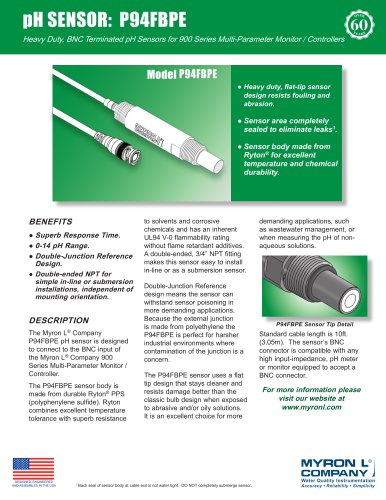Heavy-Duty BNC Terminated pH SENSOR: P94FBPE