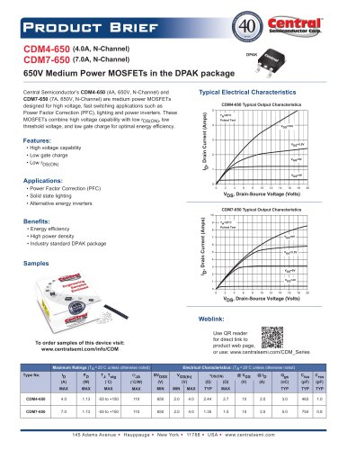 CDM4-650 and CDM7-650 4A and 7A, 650V N-Channel, Medium Power MOSFETs in the DPAK package