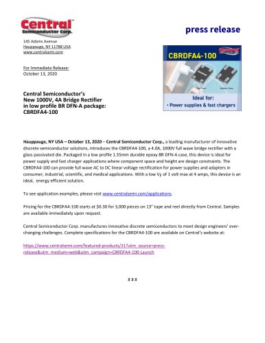 Central Semiconductor’s New 1000V, 4A Bridge Rectifier in low profile BR DFN-A package: CBRDFA4-100