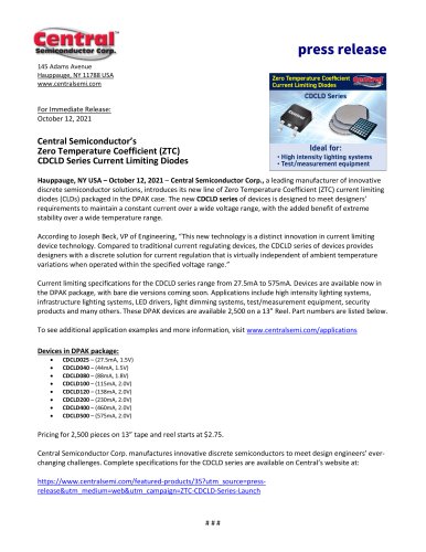 Central Semiconductor’s Zero Temperature Coefficient (ZTC) CDCLD Series Current Limiting Diodes