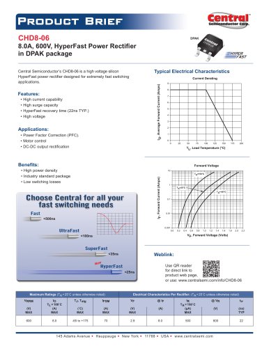 CHD8-06 8.0A, 600V, HyperFast Power Rectifier  in DPAK package