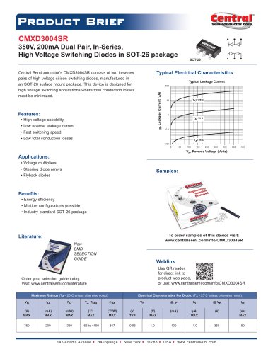 CMXD3004SR 350V, 200mA Dual Pair, In-Series,  High Voltage Switching Diodes in SOT-26 package