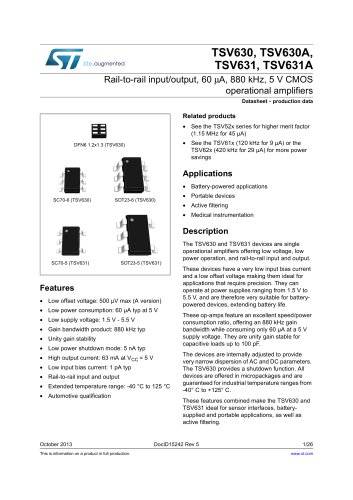 TSV630, TSV630A, TSV631, TSV631A Rail-to-rail input/output, 60 ?A, 880 kHz, 5 V CMOS operational amplifiers