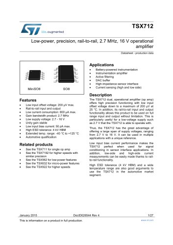 TSX712 Low-power, precision, rail-to-rail, 2.7 MHz, 16 V operational amplifier