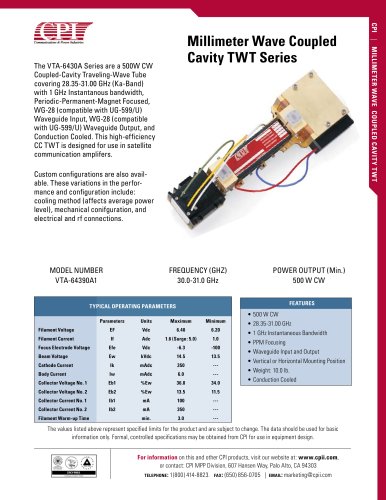 Millimeter Wave Coupled Cavity TWT Series