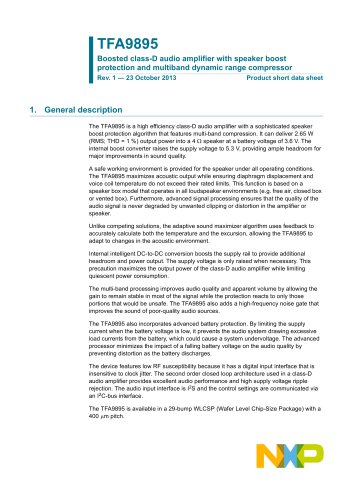 Boosted class-D audio amplifier with SpeakerBoost protection algorithm and dynamic range compressor  TFA9895_SDS