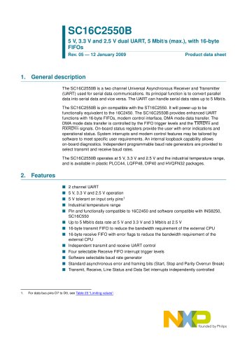 SC16C2550B 5 V, 3.3 V and 2.5 V dual UART, 5 Mbit/s (max.), with 16-byte FIFOs