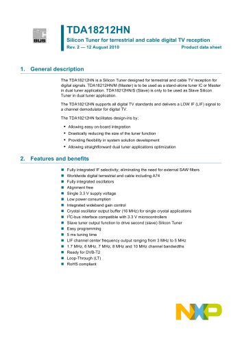 TDA18212HN Silicon Tuner for terrestrial and cable digital TV reception